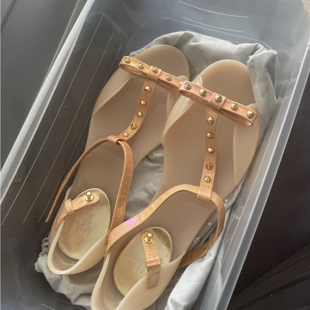 Stuart Weitzman Clear Jelly Sandal With Gold Leather Trim! 7.5 Super Cute!
